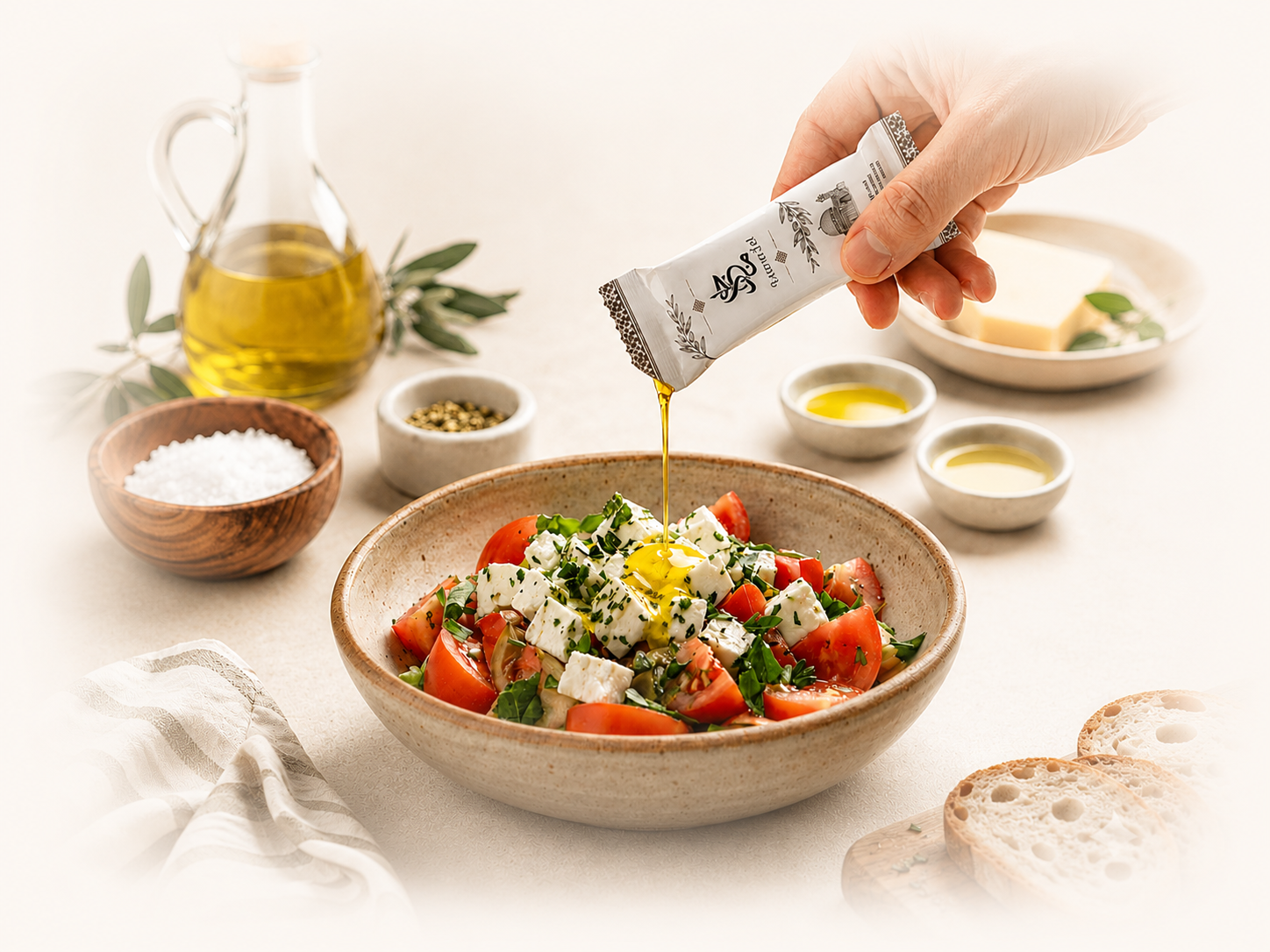 Olive oil drizzled over a healthy breakfast bowl in a bright modern kitchen